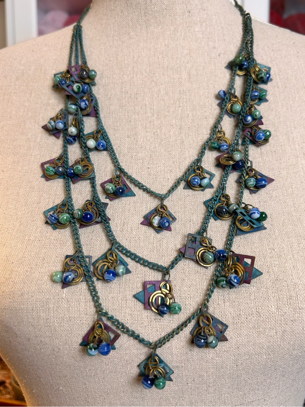 💝 2/20$ Artisan multi-strand statement necklace, glass beads, metal charms